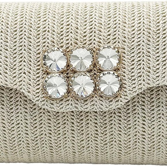 Beige straw woven clutch purse with crystal embellishments, multi-carry options, - Picture 1 of 6